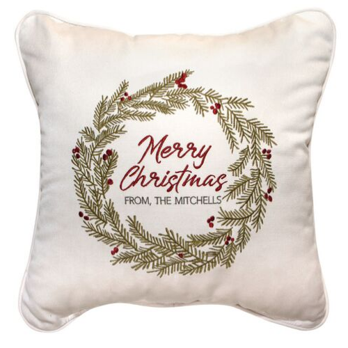 Merry Christmas Wreath Embroidered Indoor/Outdoor Pillow | Customizable