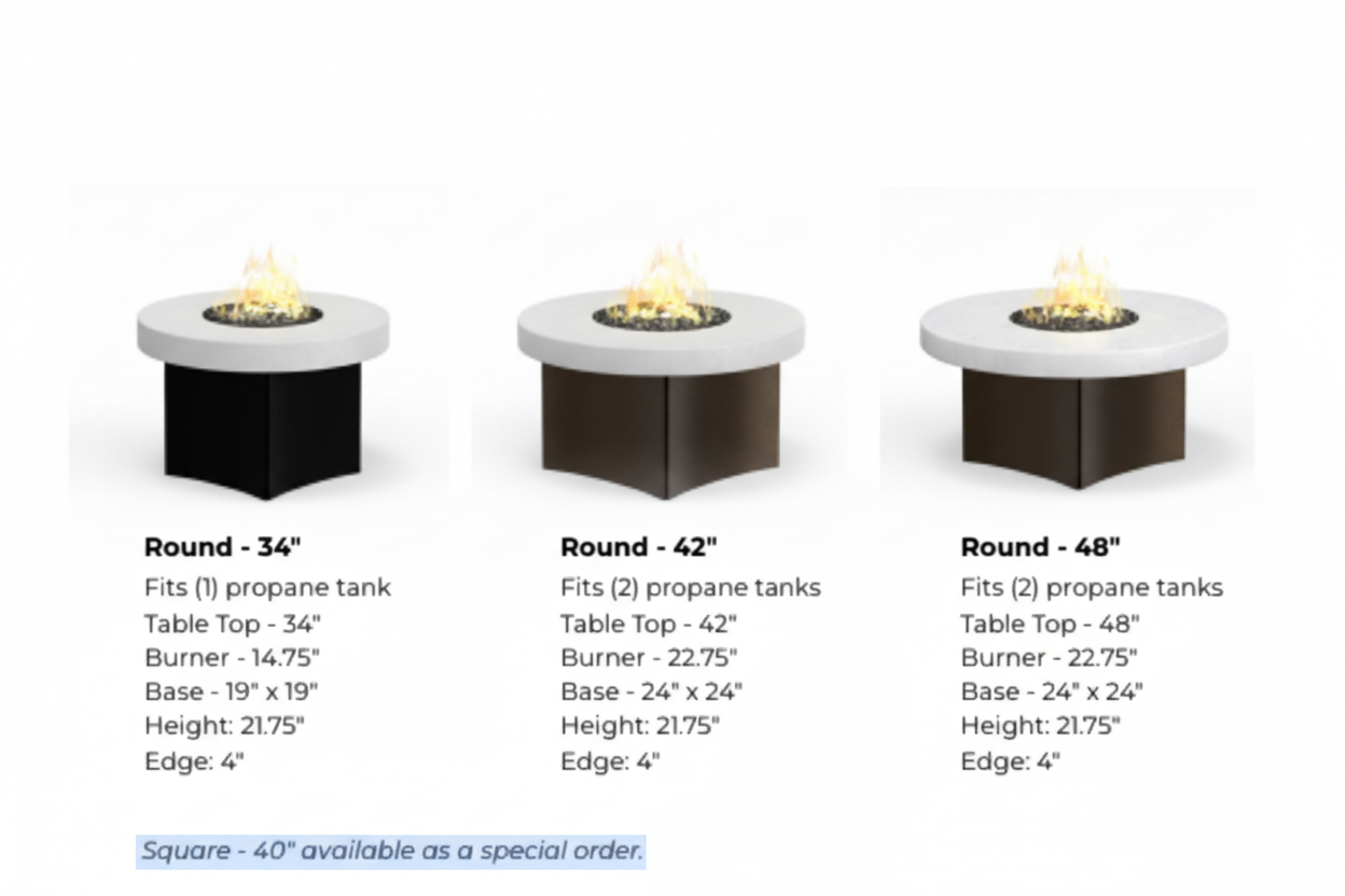 Three round Oriflamme fire pits with dimensions and specifications on a white background