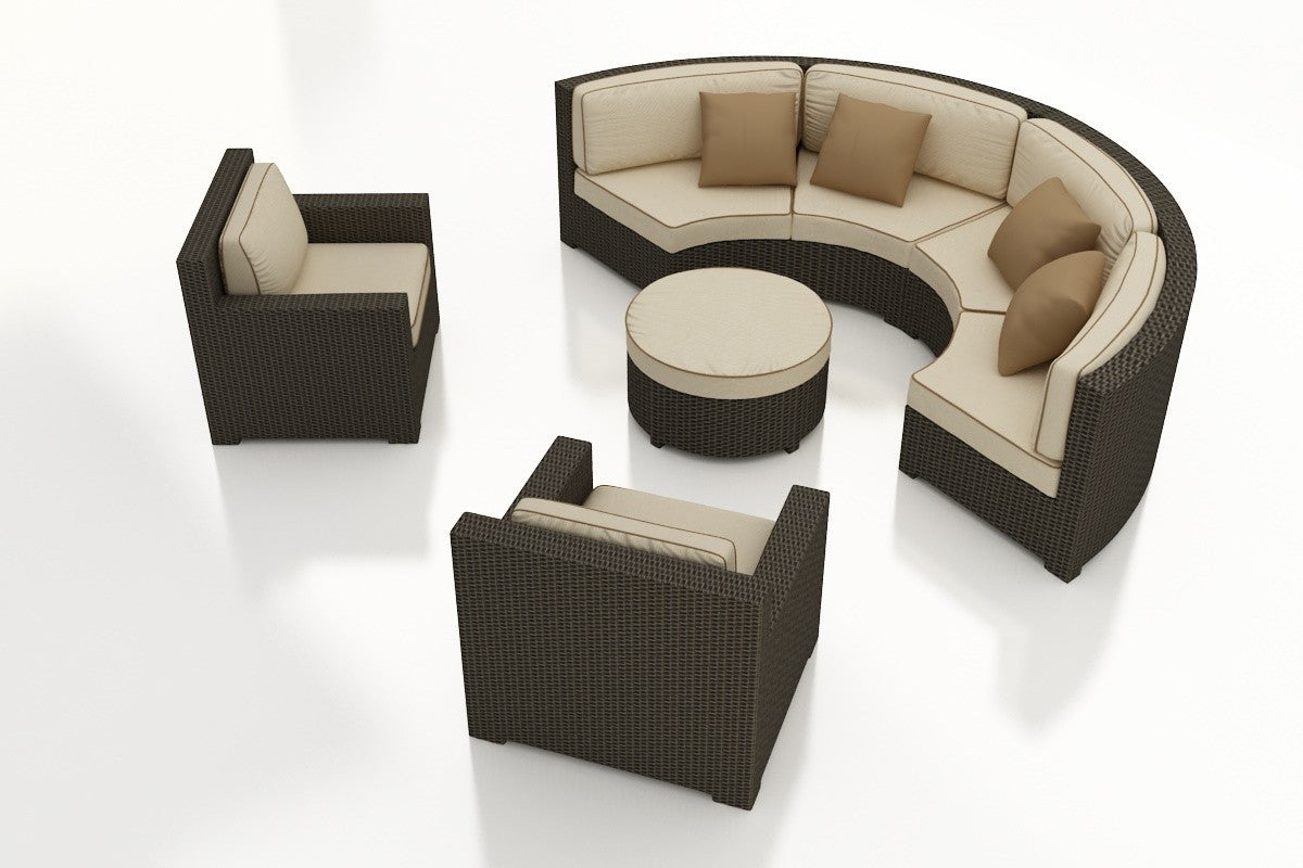 Malibu Round Wicker Ottoman Lifestyle Image (Canvas Antique Beige / Canvas Cocoa Welt)