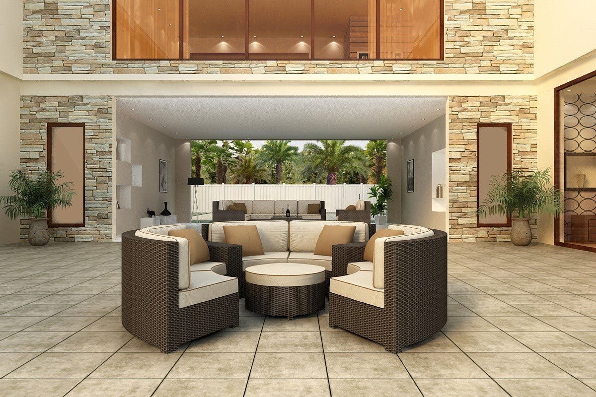Northcape Malibu 6 Piece Wicker Curved Sectional Set (Antique Beige w/ Cocoa Welt)