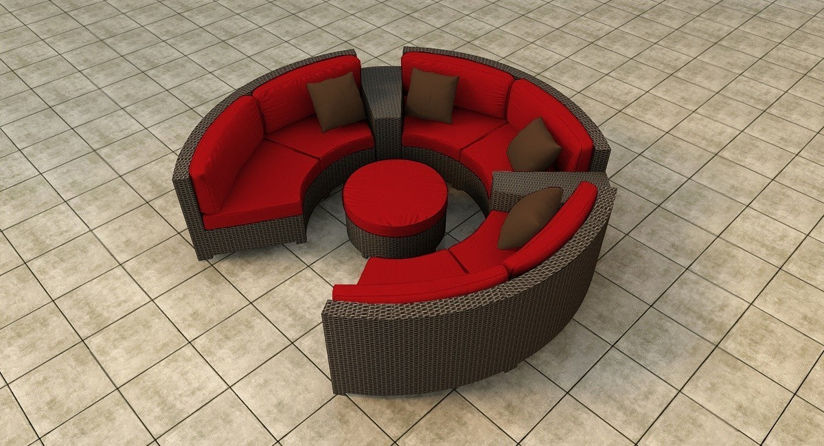 Malibu Round Wicker Ottoman Lifestyle Image (Flagship Ruby / Self Welt)