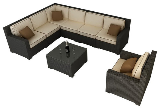 Malibu 8 Piece Sectional Sofa Set (Antique Beige w/ Cocoa Welt)