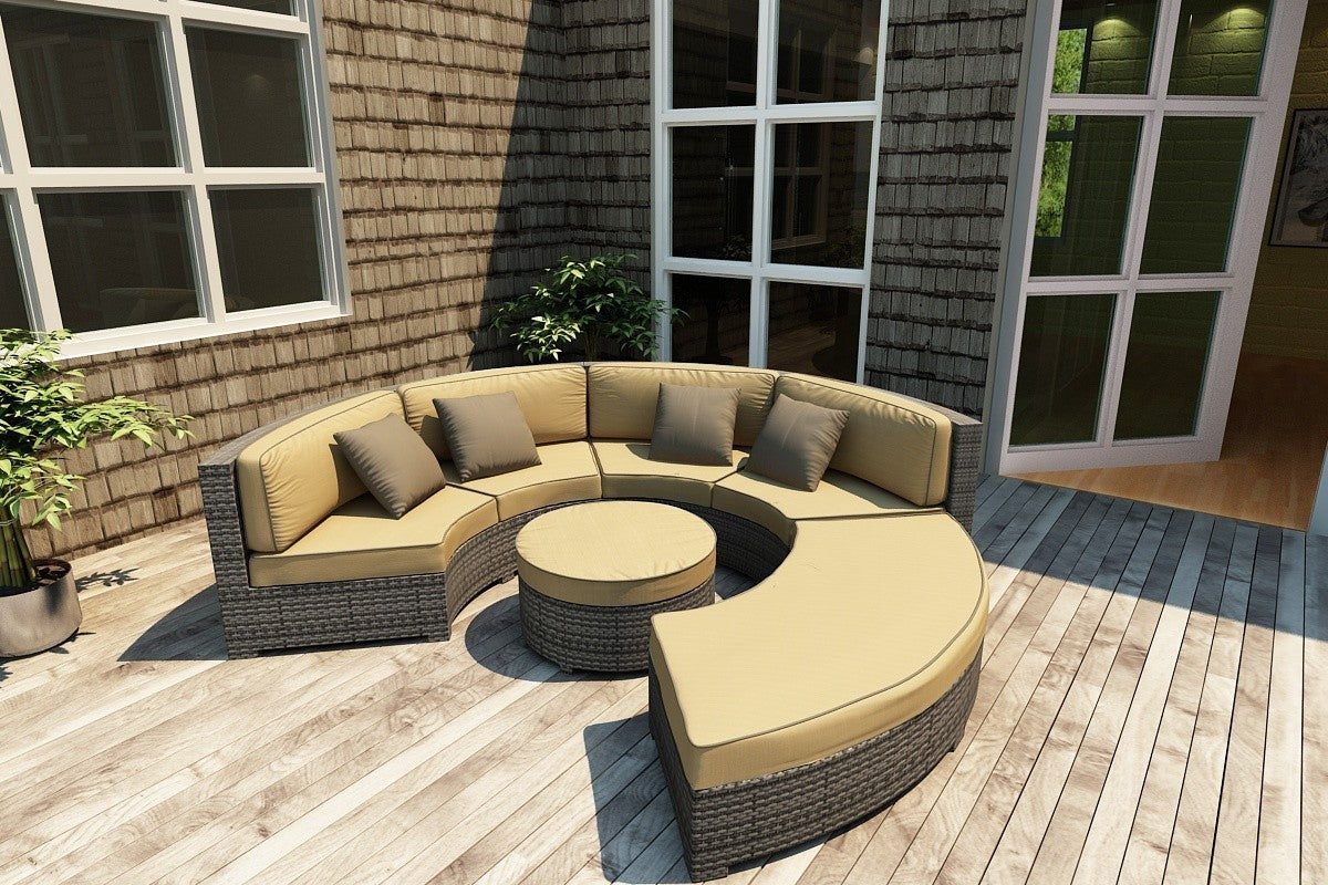 Malibu Round Wicker Ottoman Lifestyle Image (Canvas Heather Beige / Self Welt)