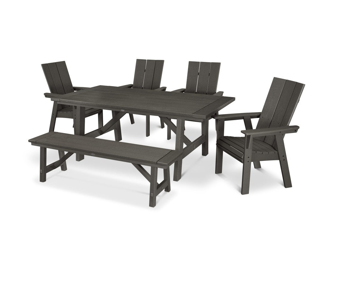 POLYWOOD Modern Adirondack 6-Piece Rustic Farmhouse Dining Set with Bench