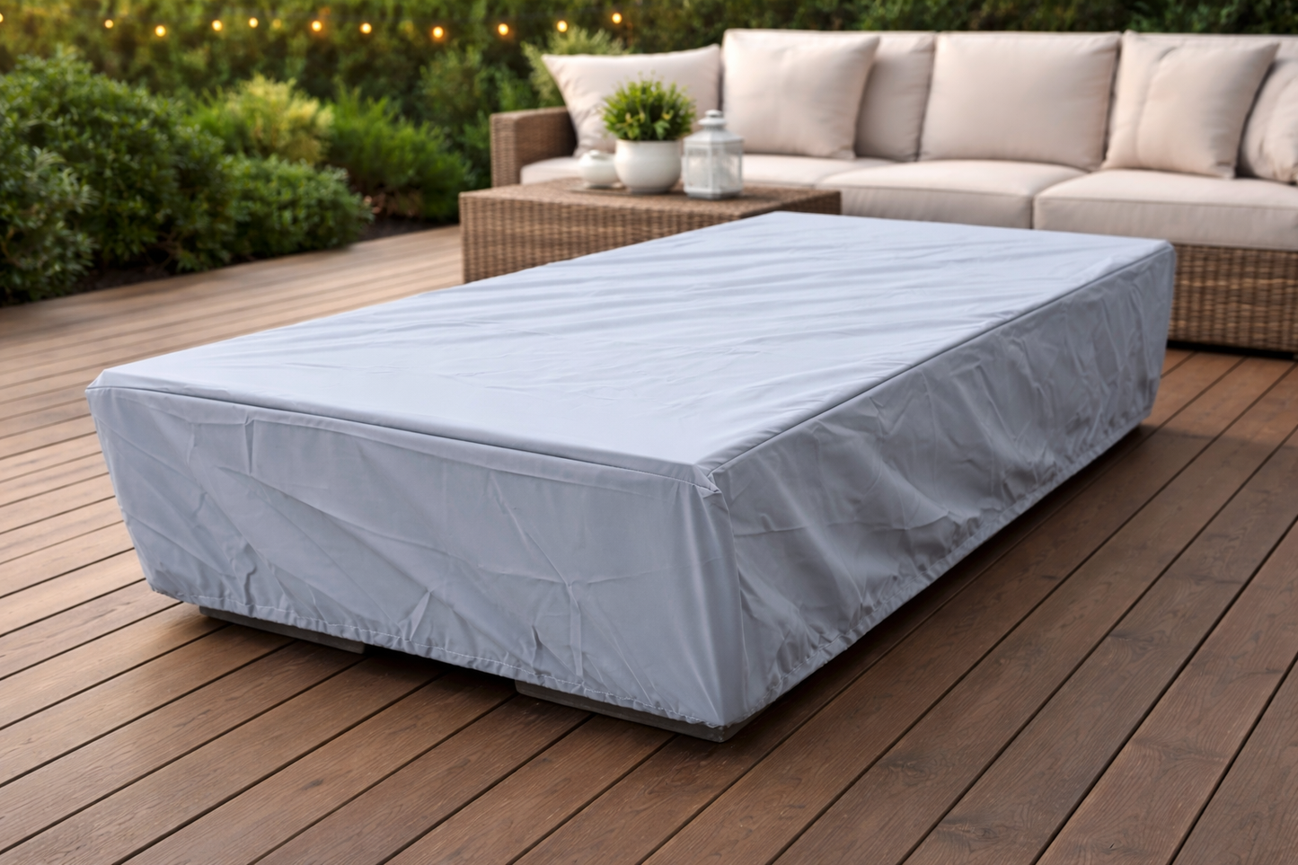 Outdoor furniture cover on a wooden deck with a couch in the background