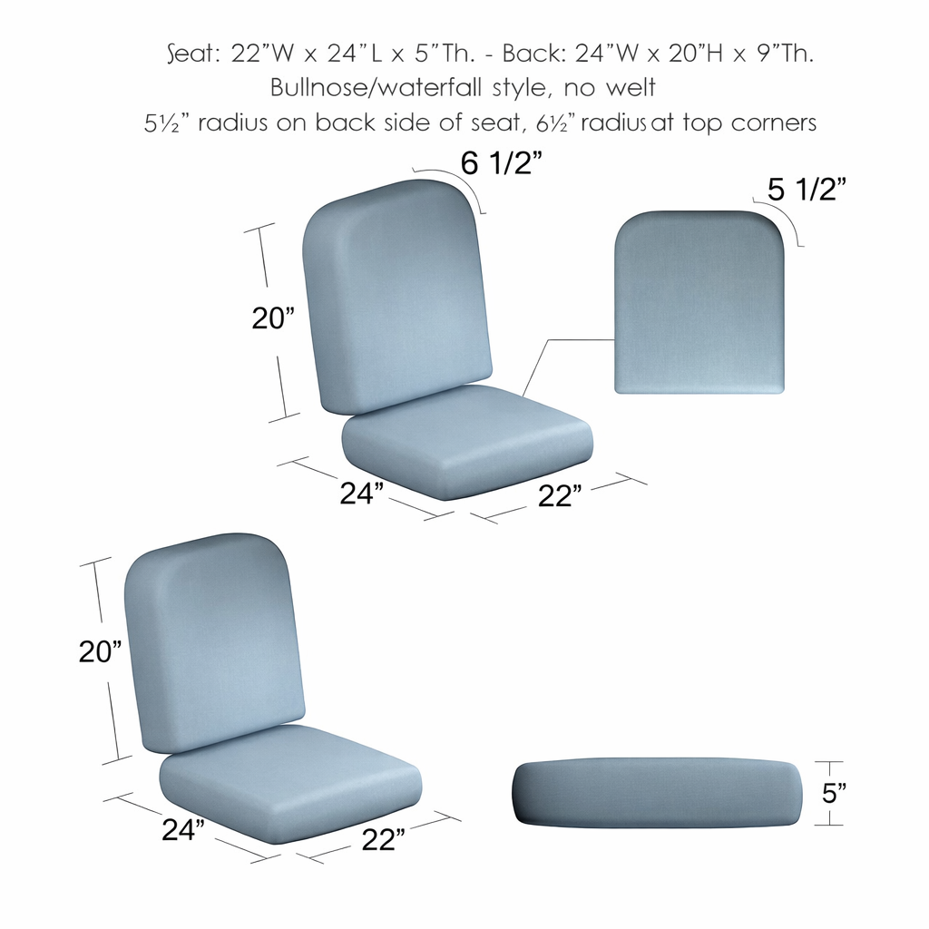 Measurement chart of a blue seat and backrest with dimensions labeled.