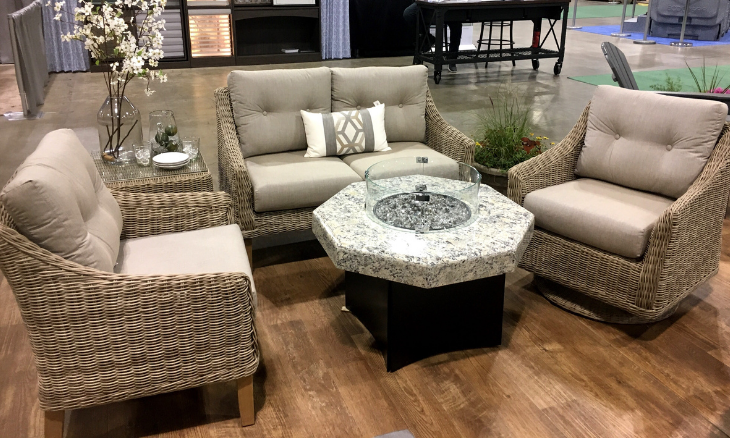 Octagon mini giallo santo fire table shown with our cambria