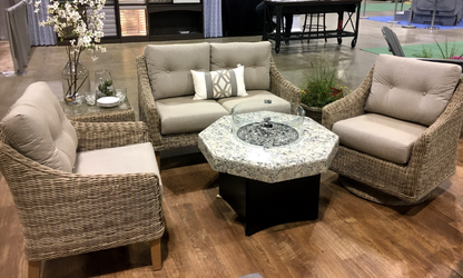 Octagon mini giallo santo fire table shown with our cambria