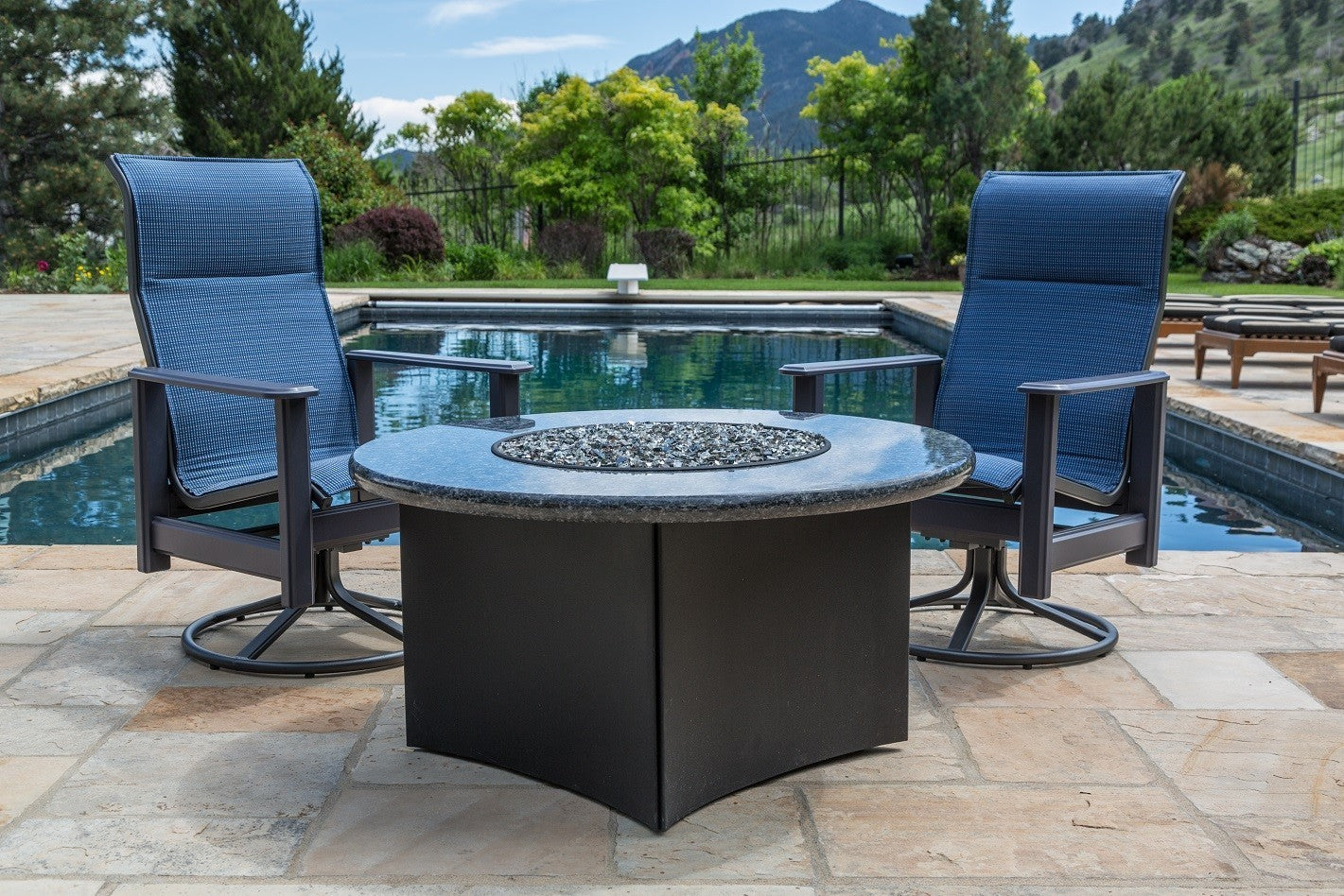 High Back Swivel Rockers w/ Blue Pearl Fire Pit w/Sparkle Nautical Padded Sling