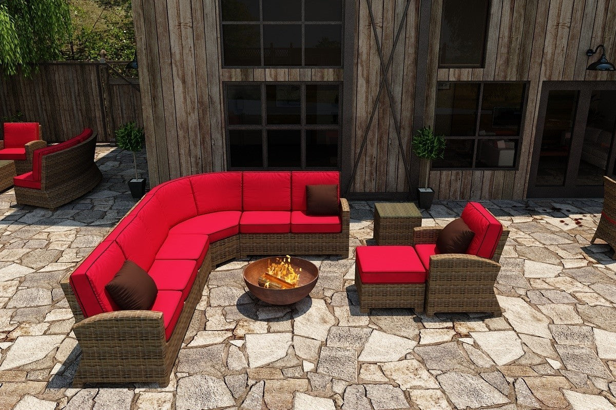 Bainbridge Square Ottoman Lifestyle Image (Flagship Ruby w/ Canvas Bay Brown Welt)