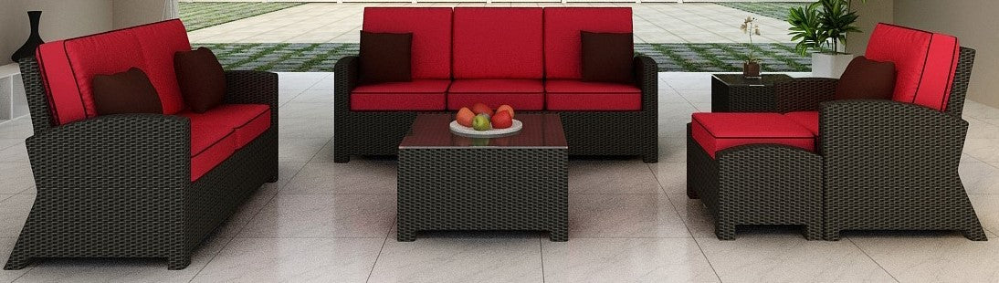 Cabo Wicker Loveseat Sofa Set- 6 Piece- Flagship Ruby w/ Bay Brown Welt