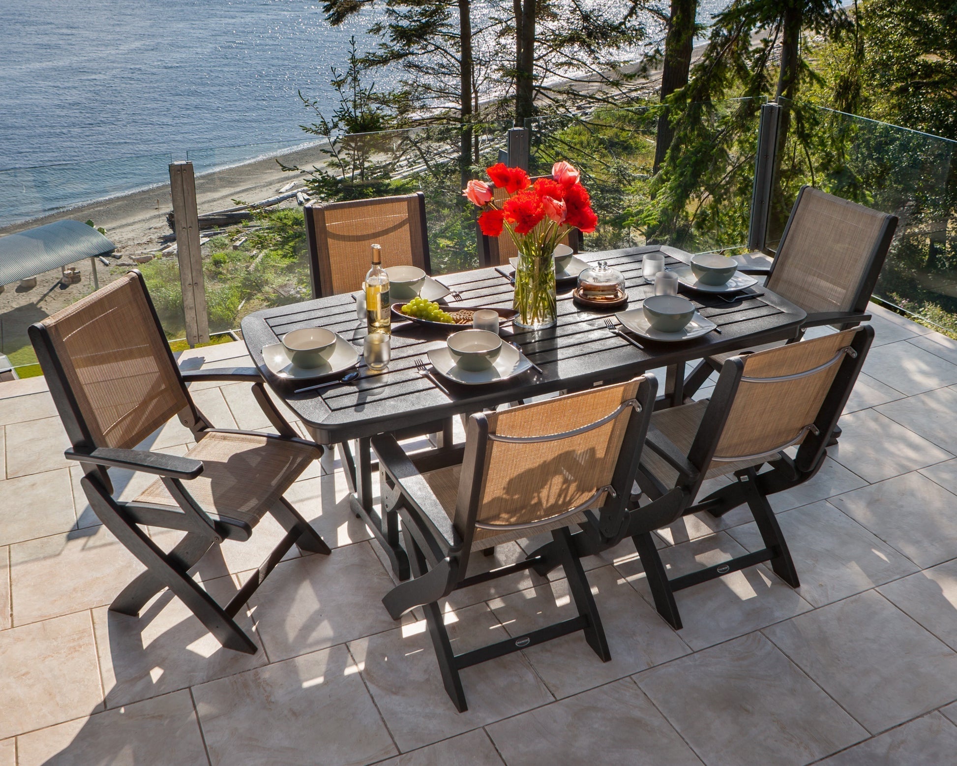 Polywood Coastal 7-Piece Dining Set- Mahongany Frame/Burlap Sling