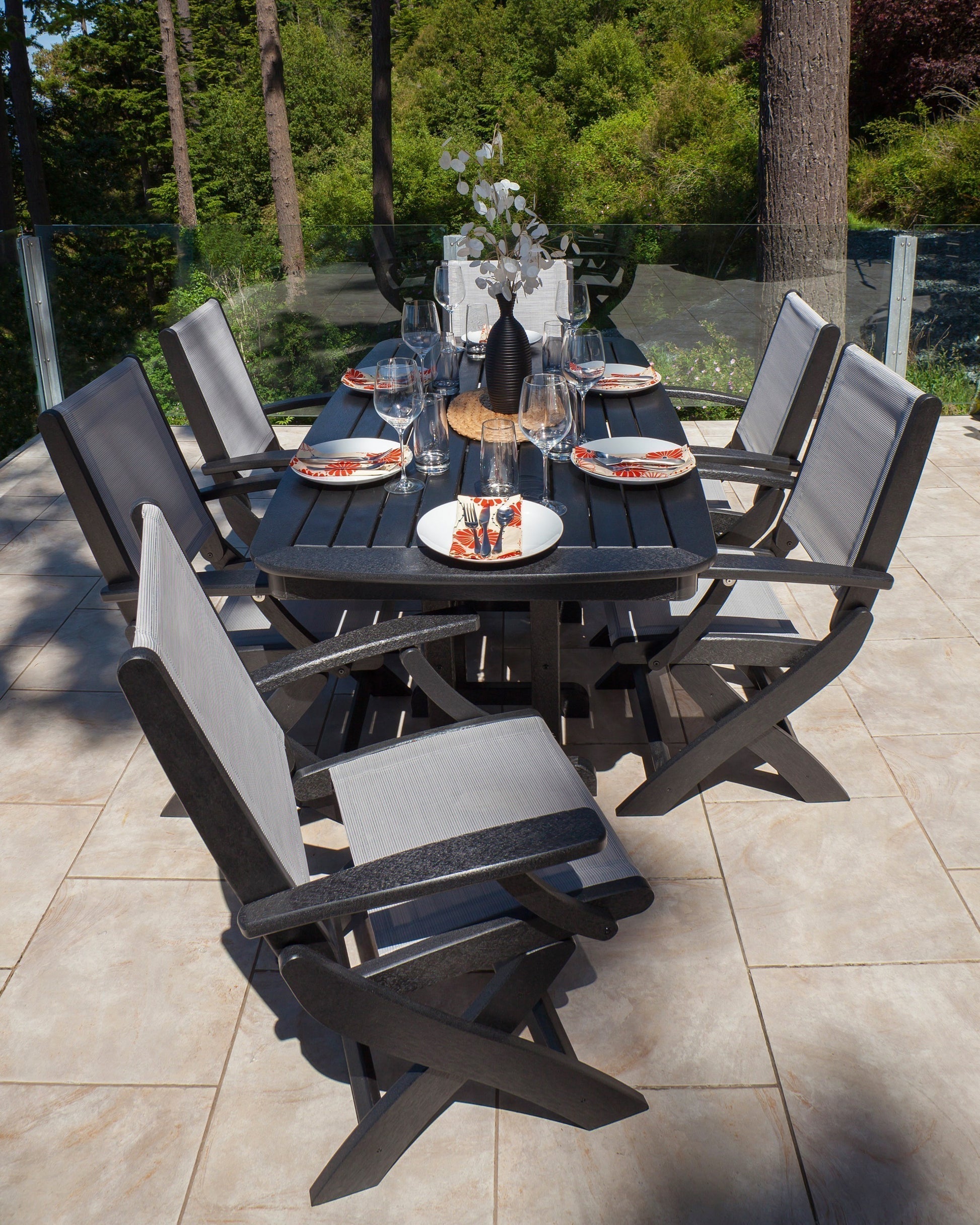 Polywood Coastal 7-Piece Dining Set- Black Frame/Metallic Sling