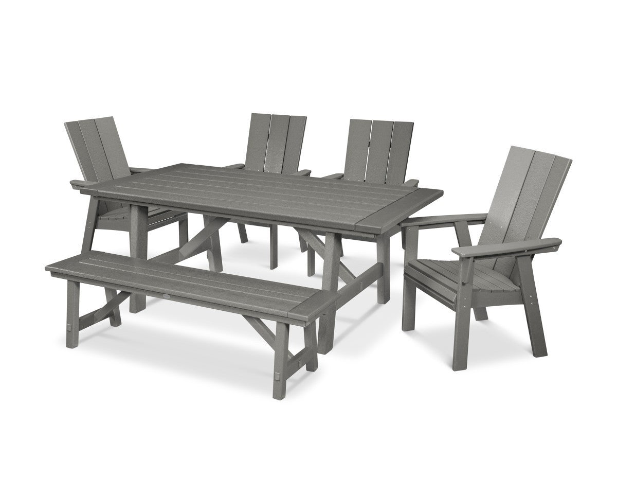 POLYWOOD Modern Adirondack 6-Piece Rustic Farmhouse Dining Set with Bench
